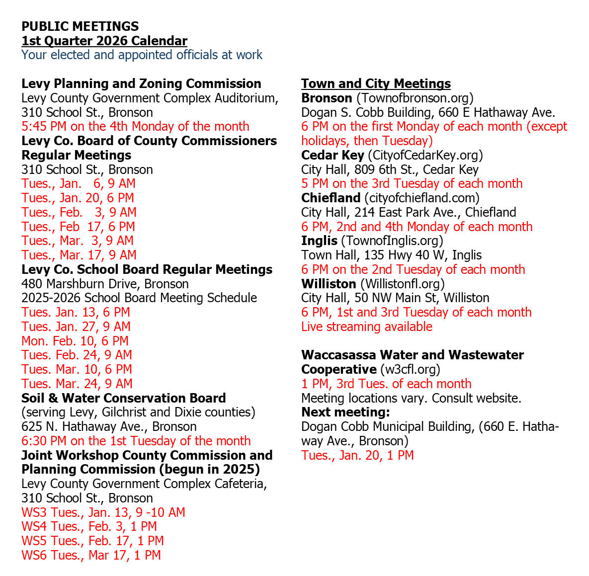 Levy County and Town Public Meetings 1st Quarter 2026 Levy County and Town Public Meetings 1st Quarter 2026